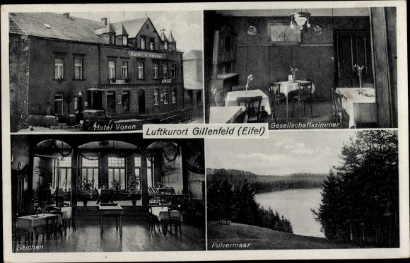 Postcard Gillenfeld Eifel, Hotel Vosen with petrol pump, Sälchen, Pulvermaar