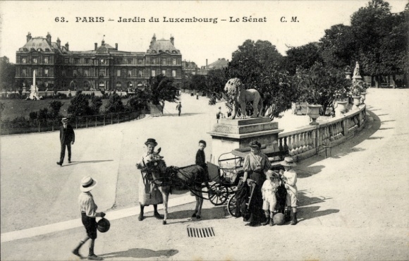 Ansichtkaart Parijs VI, Jardin du Luxembourg, de Senaat, ezelskoets