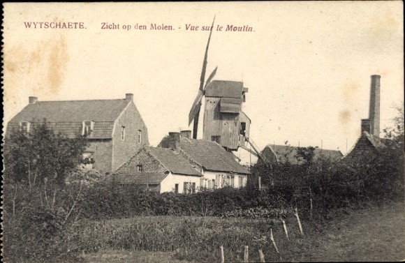 Postcard Wytschaete West Flanders, view of the town, windmill