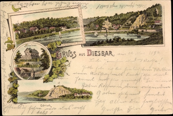 litho Diesbar Seußlitz district Meissen, Villa Herbst, Görisch, Elbpartie