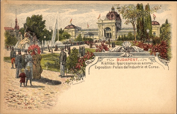 Ganzsachen Künstler Litho Dörre, Budapest Ungarn, Ausstellung, Industriepalast und Corso