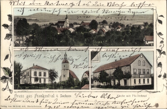 Postcard Frankenthal in Lusatia Saxony, general view, church, rectory