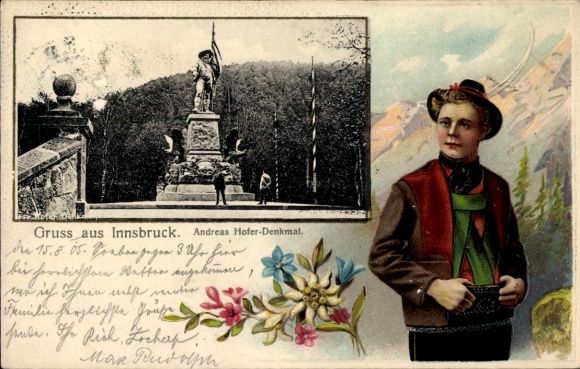 Embossed Passepartout PC Innsbruck in Tyrol, Andreas Hofer Monument, Young Man in Traditional Costume