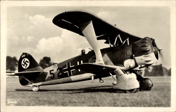 Postcard German Air Force, fighter aircraft, dive bomber single-seater Henschel Hs 123, 52+13