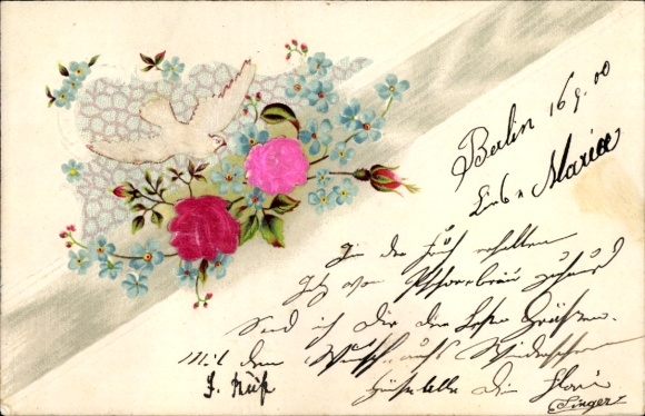 Material Ak Tauben, Blumen, Rosen, Vergissmeinnicht