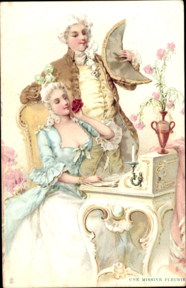 Artist Postcard Couple in historical costumes, woman at the desk