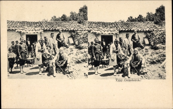 Stereo photo Typy Cernohorcu, men in traditional costumes