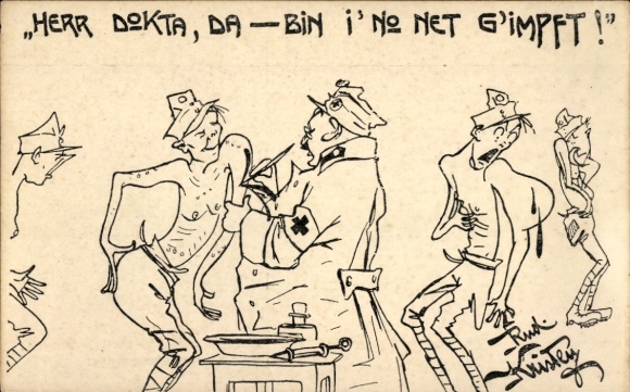 Artist Postcard Kristen, Rud, KuK soldiers are vaccinated, Deutschmeister Widows Foundation