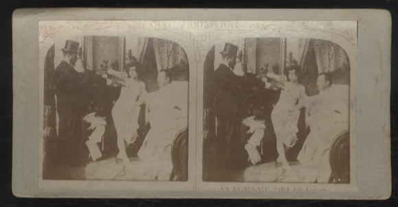 Stereo photo, female nude with two men