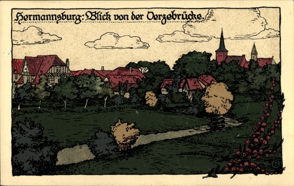 Steindruck Ak Hermannsburg Südheide in der Lüneburger Heide, Gesamtansicht, Örtzebrücke