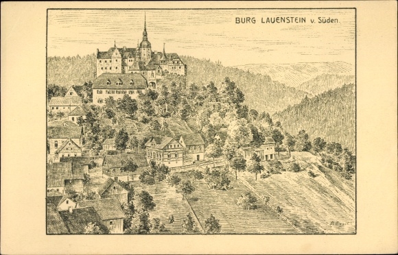 Kunstenaarskaart Ludwigsstadt in het district Kronach Opper-Franken, kasteel Lauenstein vanuit het zuiden