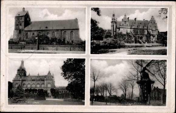 Ak Hage in Ostfriesland, Kirche, Schloss Nordeck, Windmühle, Schloss Lütetsburg