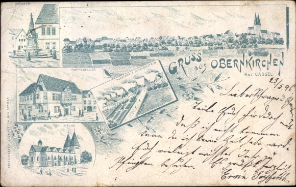 Chromo-Litho Obernkirchen in Lower Saxony, Ratskeller, fountain, church, glass factory Schauenstein