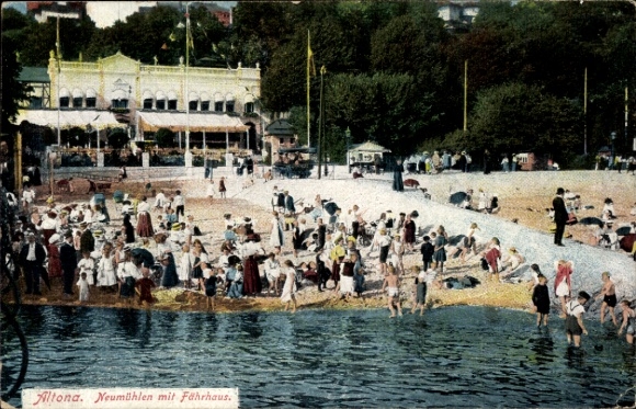 Postcard Hamburg Ottensen Neumühlen, beach life with ferry house