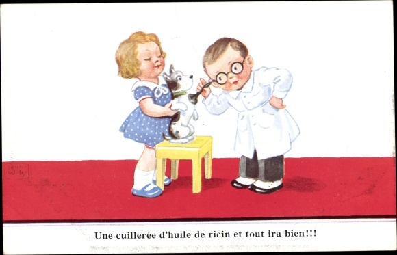 Artist PC Wills, John, Boy disguised as a doctor listens to a dog's chest