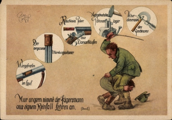 Artist Postcard Geilfus, The hunter is reluctant to learn from his own failure, Hunter's Primer