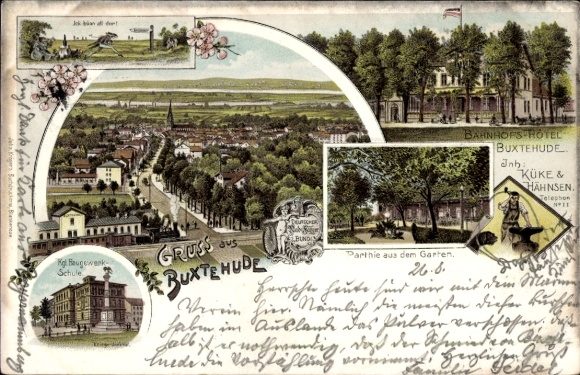Chromo-Litho Buxtehude in Lower Saxony, building trade school, train station hotel