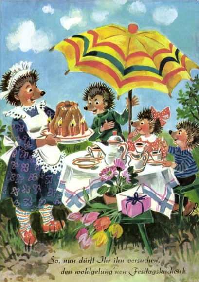 Künstler Ak Vermenschlichte Igel, Igelkinder, Igelfrau, Festtagskuchen, Sonnenschirm