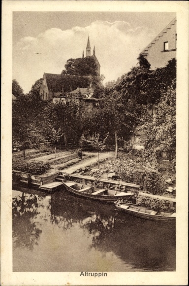 Postcard Altruppin Neuruppin, shore area, garden and house, church tower