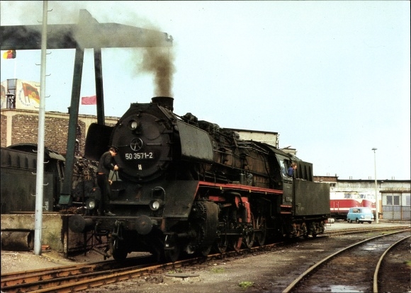 Postcard steam locomotive, steam locomotive BR 50.35, 50 3571-2, Bw Rostock