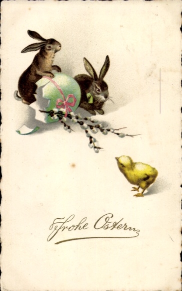 Ak Fröhliche Ostern, zwei Hasen mit Küken