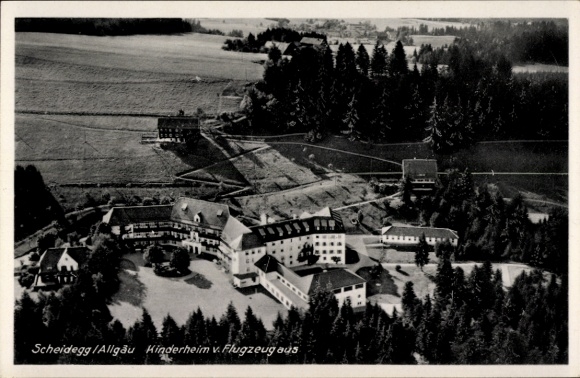 Postcard Scheidegg in Allgäu Swabia, children's home, aerial photograph