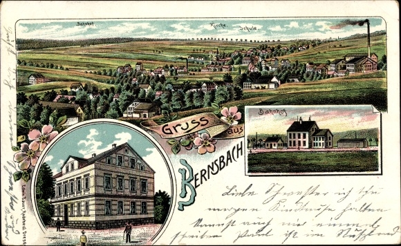 litho Bernsbach, algemeen beeld, treinstation, kerk, school,