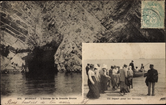 Postcard Morgat Crozon Finistère, The Entrance to the Great Cave, departure