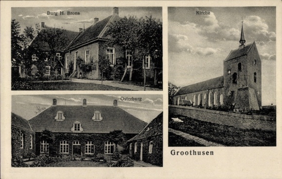 Postcard Groothusen Krummhörn in East Frisia, church, castle H. Brons, Osterburg
