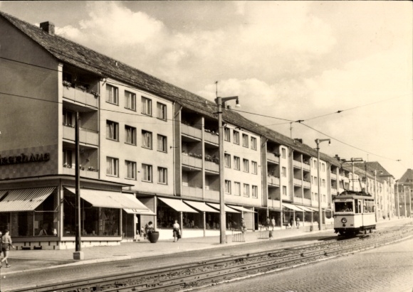 Postcard Nordhausen am Harz, Rautenstraße, tram in motion