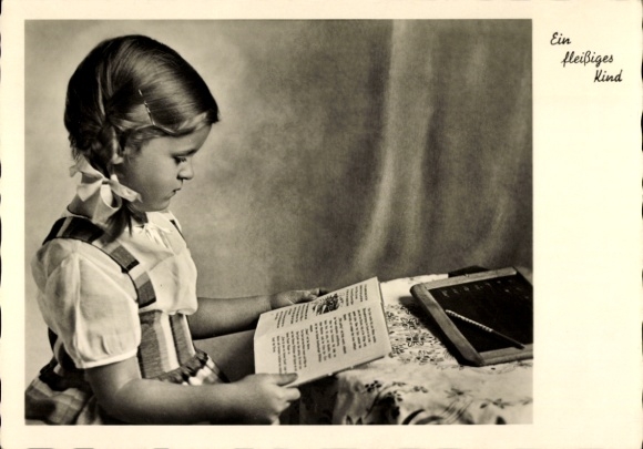 Postcard Hardworking Child, Girl Reading, portrait