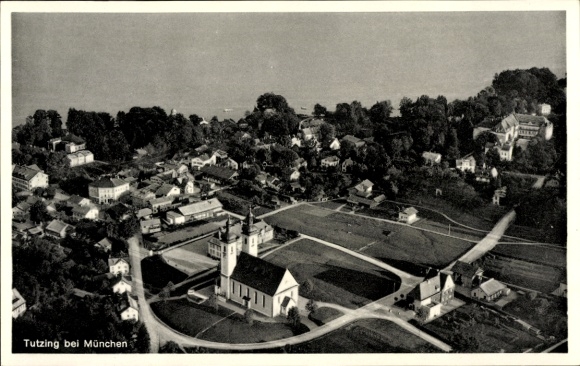 Postcard Tutzing on Lake Starnberg Upper Bavaria, aerial view of church, residential buildings, surrounding landscape