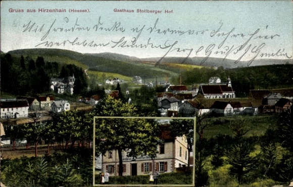 Postcard Hirzenhain in Hessen, Gasthaus Stollberger Hof, town panorama with surroundings