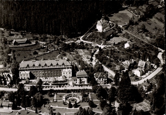 Postcard Bad Wildbad in the Black Forest, aerial view of Wildbad, spa, parks, surrounding nature