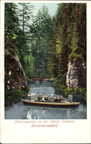 Postcard Hinterhermsdorf Sebnitz Saxon Switzerland, upper lock, landing place, boat, bridge