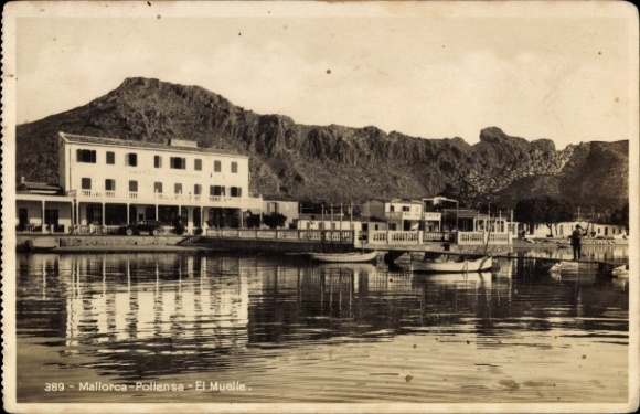 Ak Pollença Pollensa Mallorca Balearische Inseln, El Muelle, typische Hafenansicht, Berge im Hint