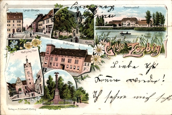 Chromo-Litho Zörbig Saxony Anhalt, Lange Straße, Gate, Church, Town Hall, Dorotheenhof