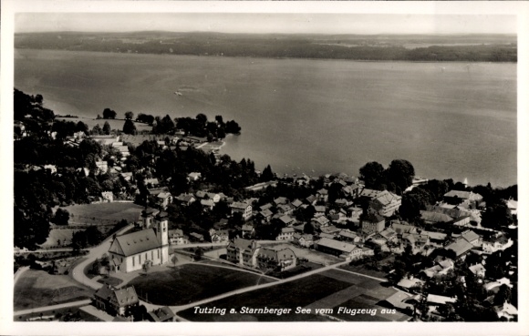 Postcard Tutzing on Lake Starnberg Upper Bavaria, aerial view of Tutzing, Lake Starnberg, church, houses