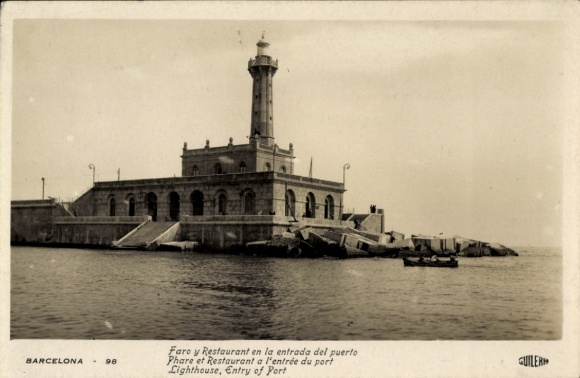 Postcard Barcelona Cataluña España, Faro y Restaurant en la entrada del puerto