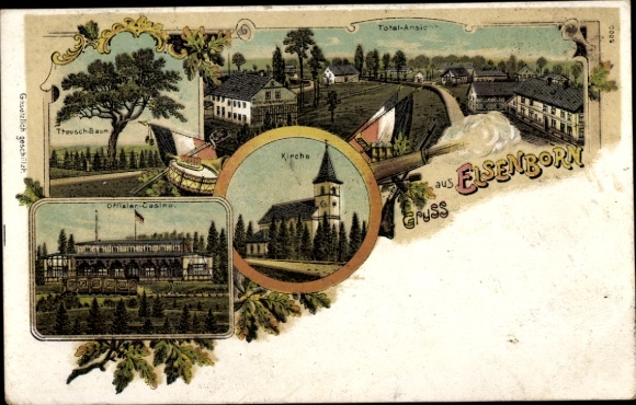 Chromo-Litho Elsenborn Bütgenbach Wallonia Liège, military training area, officers' casino, church