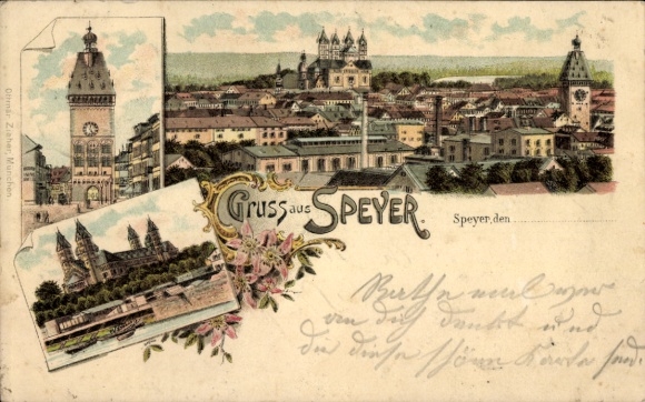 Litho Speyer am Rhein, Gesamtansicht, Turm