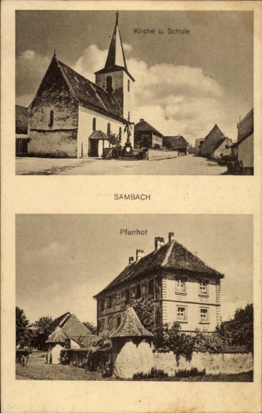 Ak Sambach Otterbach in der Pfalz, Kirche, Schule, Pfarrhof