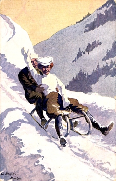 Artist Postcard Merté, Oskar, Couple on a Sleigh, Winter Landscape