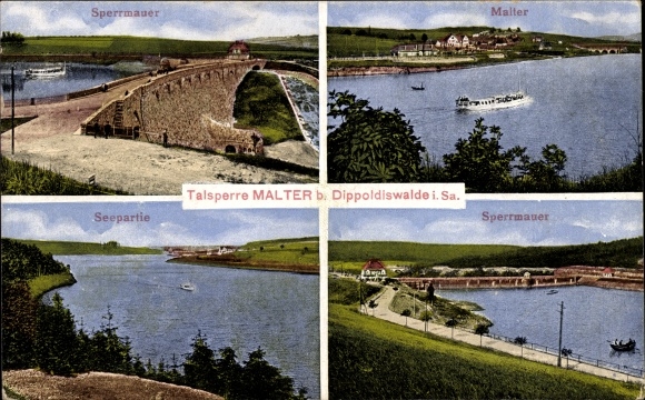 Postcard Malter Dippoldiswalde in the Eastern Ore Mountains, dam, barrier wall, lake party