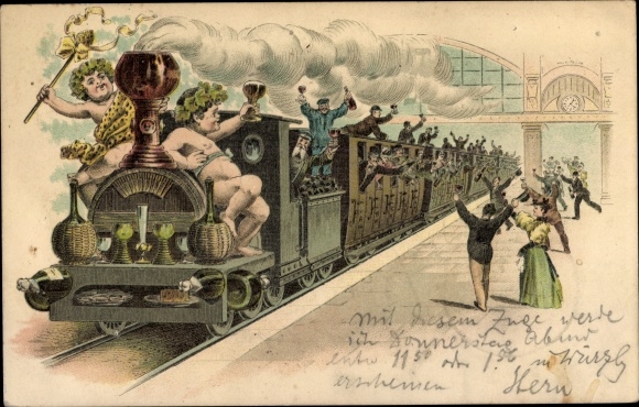 Litho Dampflok im Bahnhof mit Weinflaschen, Weingläser