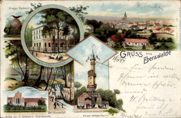 Chromo-Litho Eberswalde, war memorial, Gesundbrunnen, Chorin Monastery, waterfall, Kaiser Wilhelm Tower