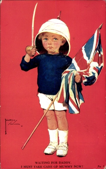 Artist Postcard Wood, Lawson, Boy with Sabre, Helmet and British Flag