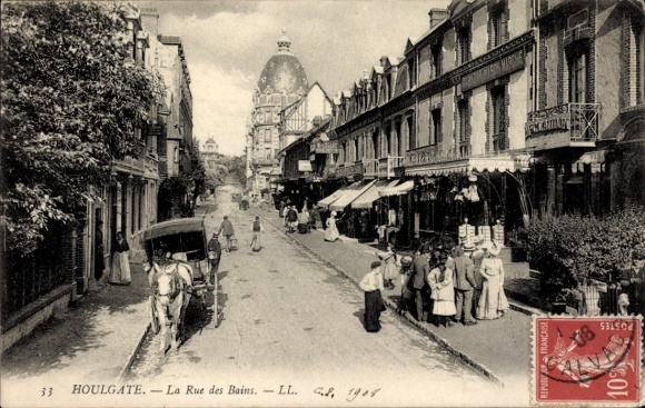 Ak Houlgate Calvados, Straße mit Geschäften, Pferdefuhrwerk,  Architektur