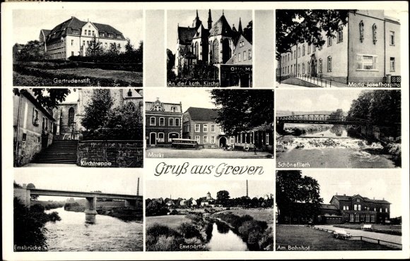 KP Greven w Westfalii, Gertrudenstift, kościół Kath, rynek, Emsbrücke, dworzec kolejowy