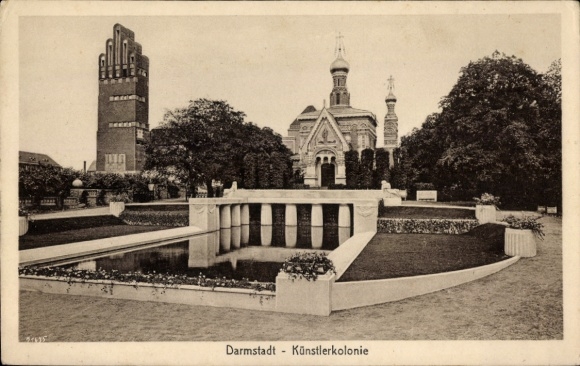 Postcard Darmstadt, artist colony with fountain